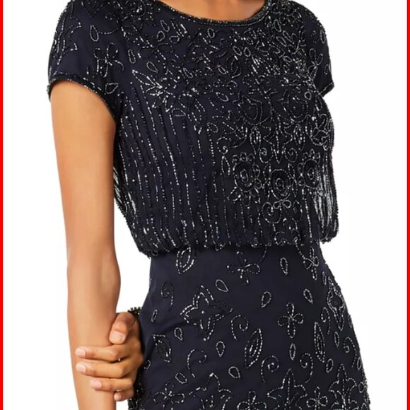 Adrianna Papell Beaded Short-Sleeve Sheer-Overlay Gown - Navy - Women's Size 10 - Picture 1 of 8